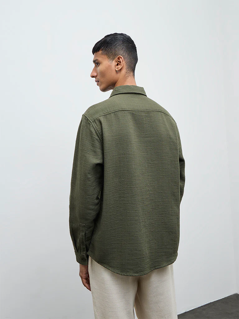 ETA Olive Textured Relaxed-Fit Cotton Shirt - Image 3