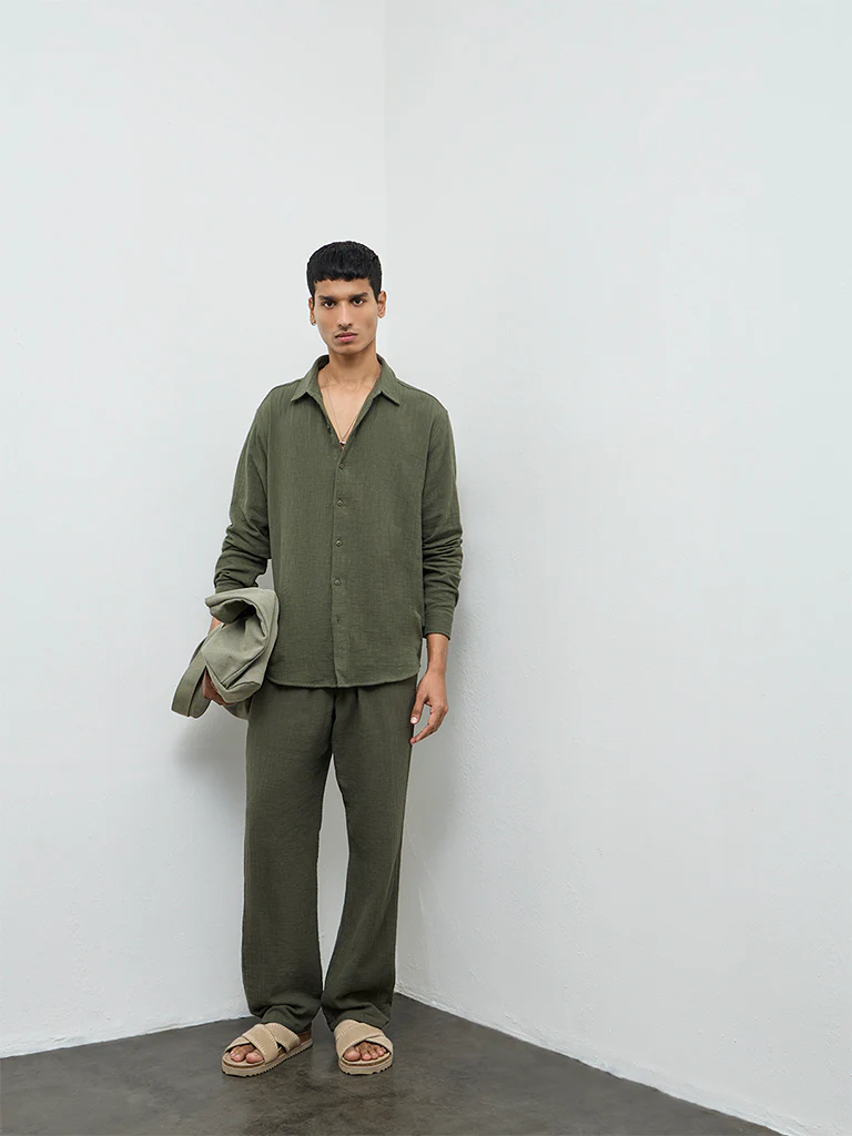 ETA Olive Textured Relaxed-Fit Cotton Shirt - Image 3