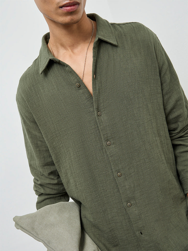 ETA Olive Textured Relaxed-Fit Cotton Shirt - Image 4