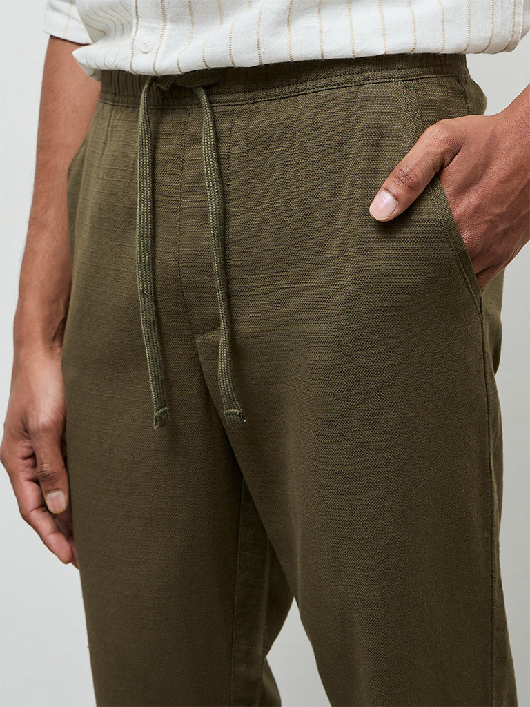 ETA Olive Textured Relaxed-Fit Mid-Rise Cotton Trousers - Image 3