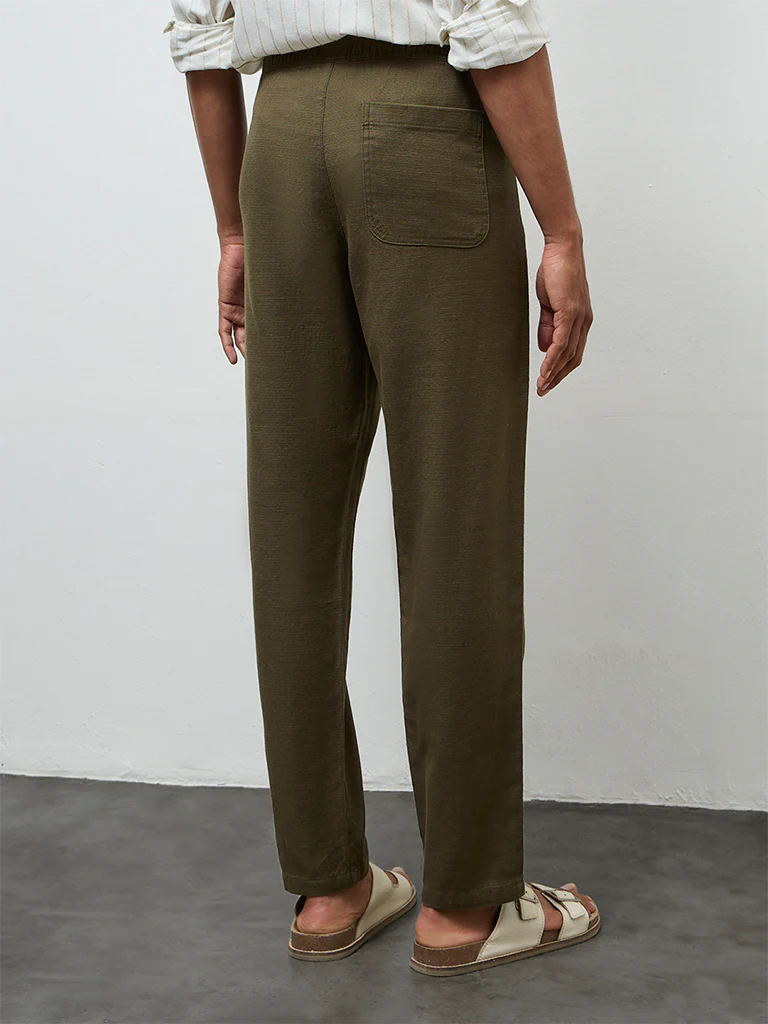 ETA Olive Textured Relaxed-Fit Mid-Rise Cotton Trousers - Image 4
