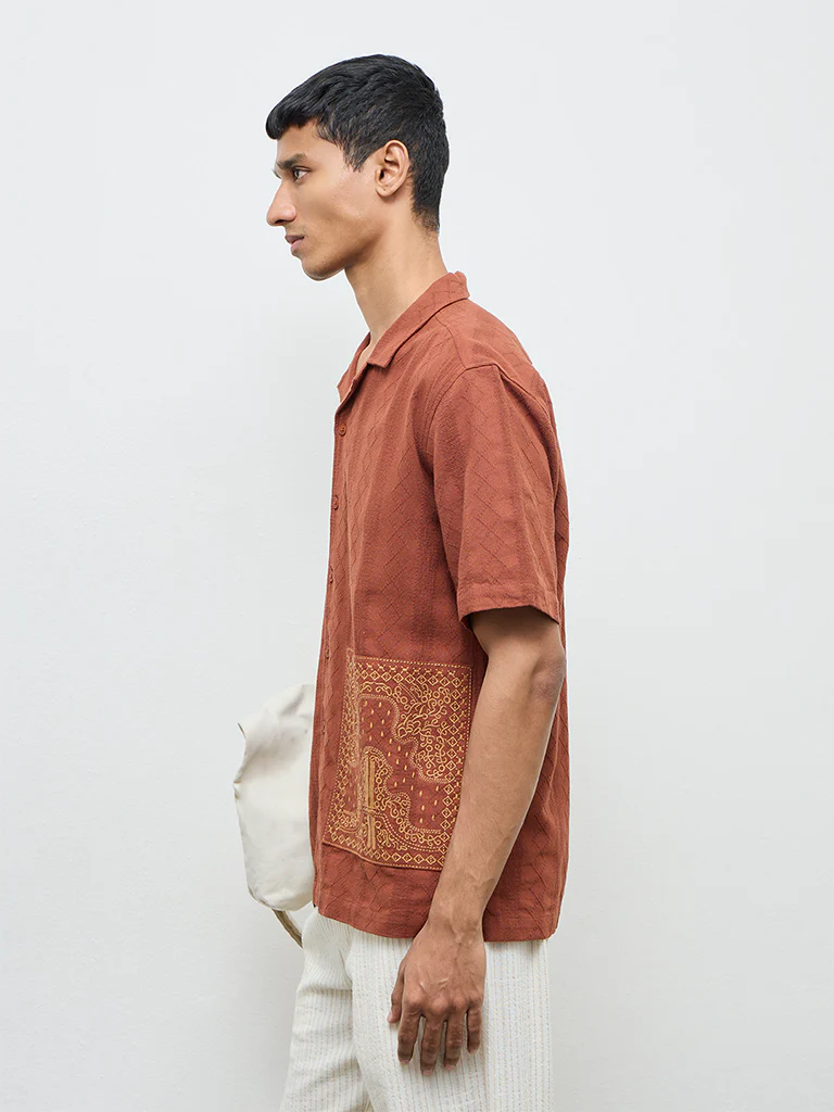 ETA Rust Embroidered Relaxed-Fit Cotton Shirt - Image 2
