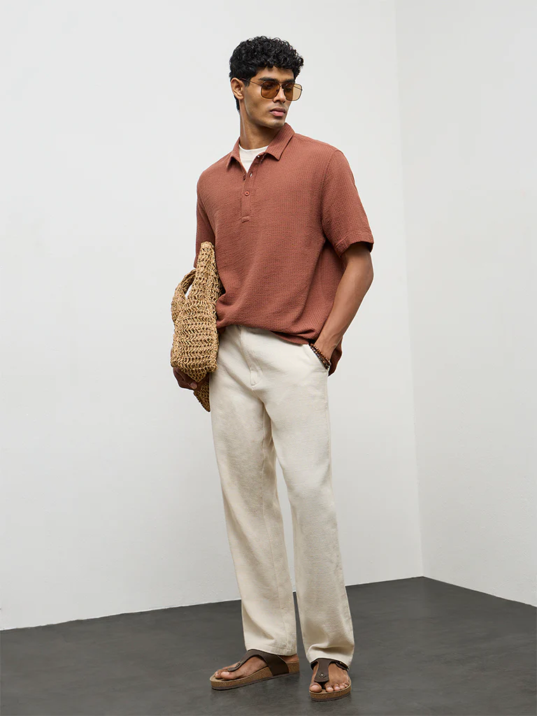 ETA Rust Textured Relaxed-Fit Cotton Polo T-Shirt