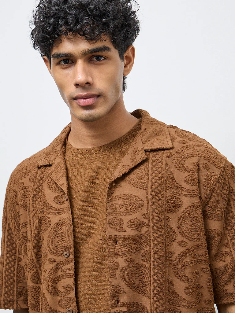 ETA Tan Paisley Embroidered Relaxed-Fit Cotton-Blend Shirt - Image 4