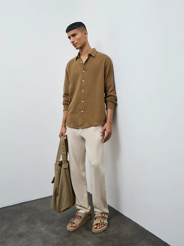 ETA Taupe Crinkle-Textured Relaxed-Fit Cotton Shirt - Image 3
