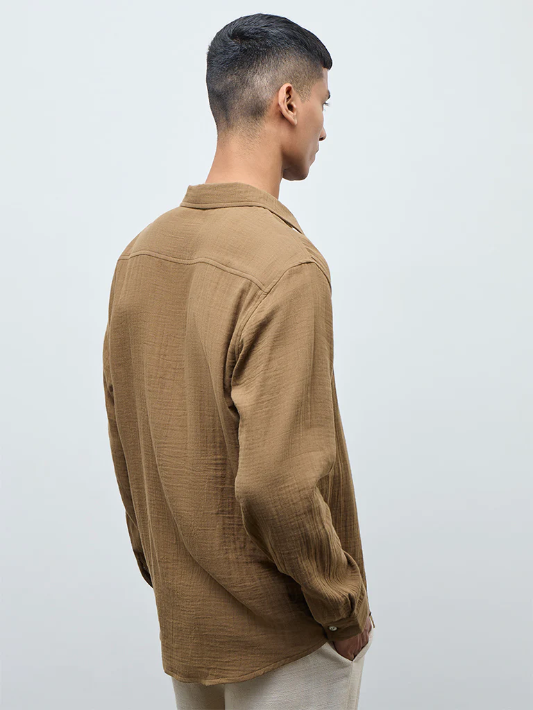 ETA Taupe Crinkle-Textured Relaxed-Fit Cotton Shirt - Image 5
