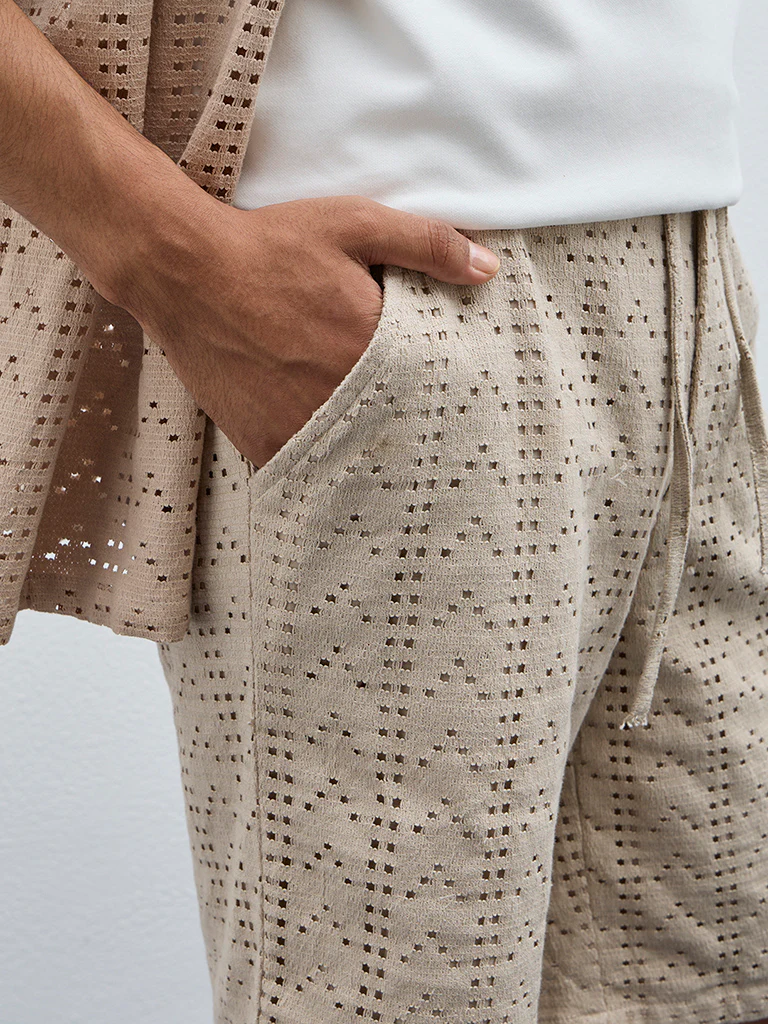 ETA Taupe Cut-Out Detailed Mid-Rise Cotton-Blend Shorts - Image 2