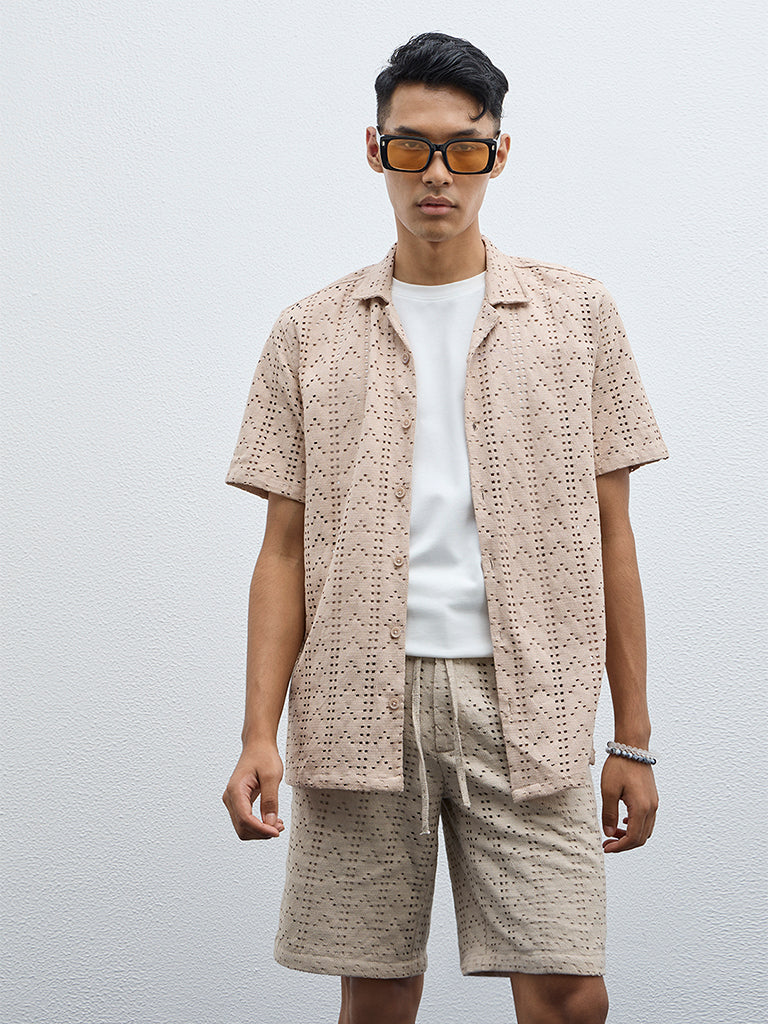 ETA Taupe Cut-Out Detailed Relaxed Fit Cotton-Blend Shirt