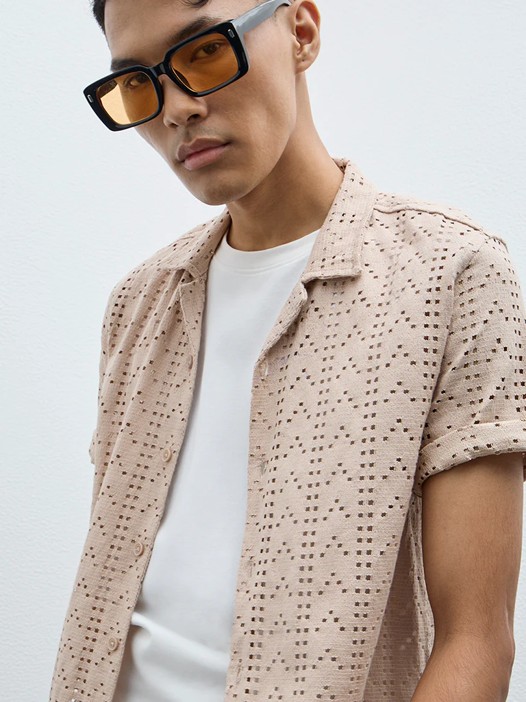 ETA Taupe Cut-Out Detailed Relaxed Fit Cotton-Blend Shirt - Image 3