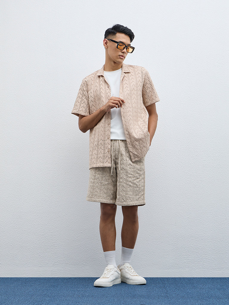 ETA Taupe Cut-Out Detailed Relaxed Fit Cotton-Blend Shirt - Image 4