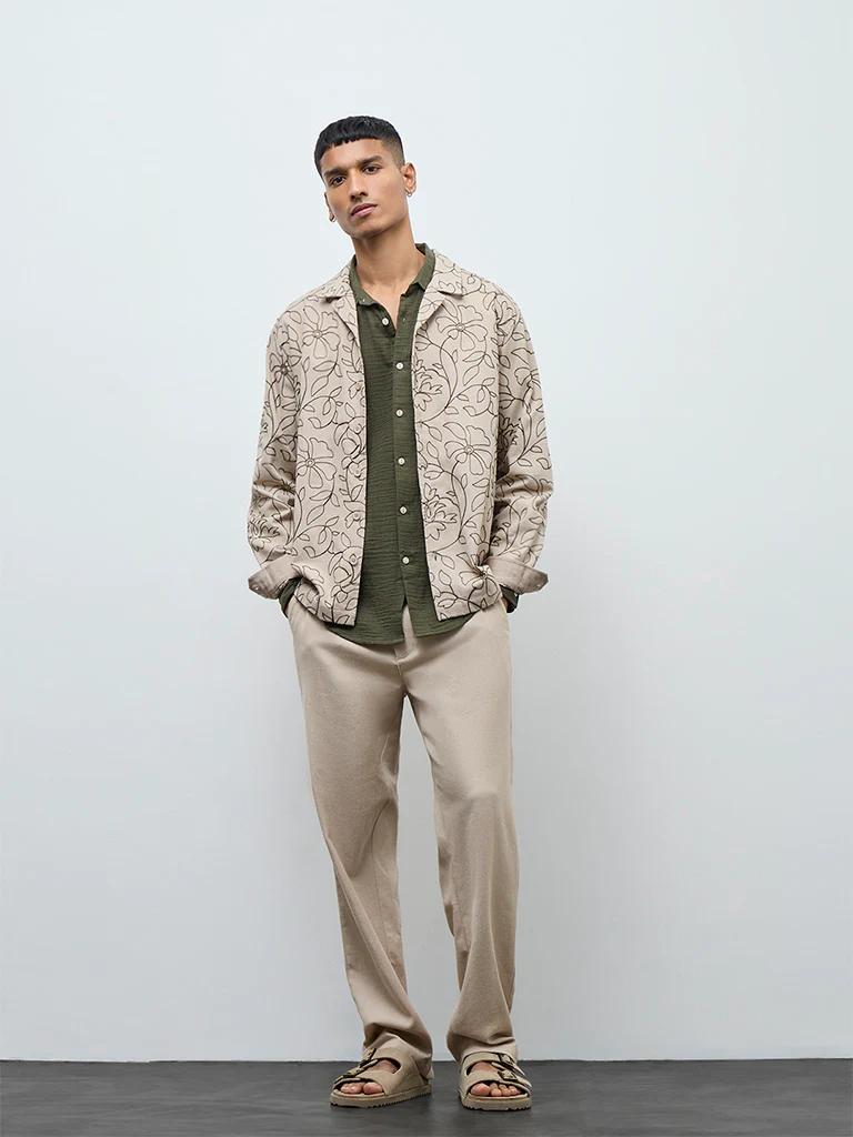 ETA Taupe Floral Embroidered Relaxed-Fit Cotton Jacket - Image 2