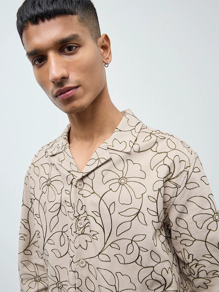 ETA Taupe Floral Embroidered Relaxed-Fit Cotton Jacket - Image 3