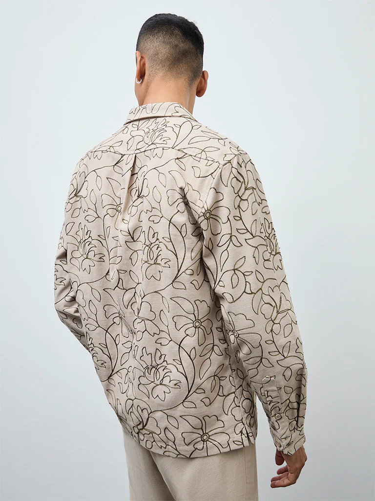 ETA Taupe Floral Embroidered Relaxed-Fit Cotton Jacket - Image 4