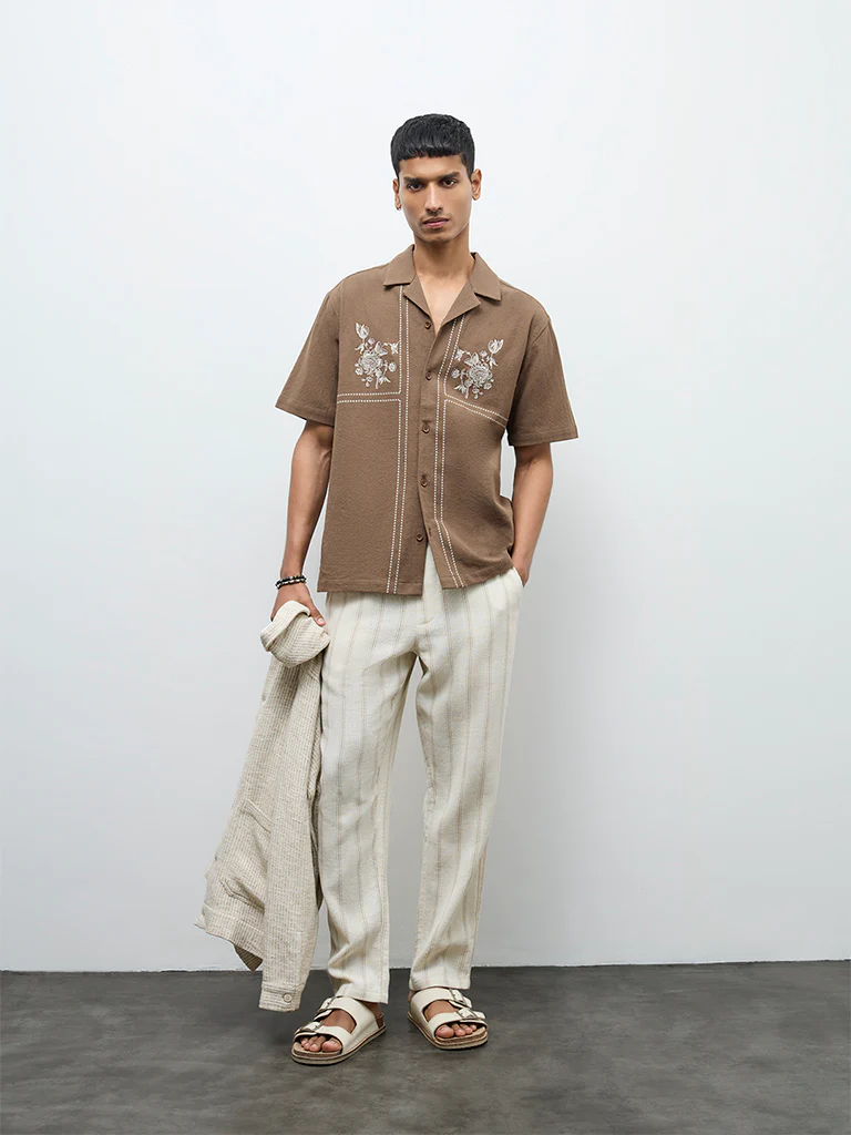 ETA Taupe Floral Embroidered Relaxed-Fit Cotton Shirt - Image 2
