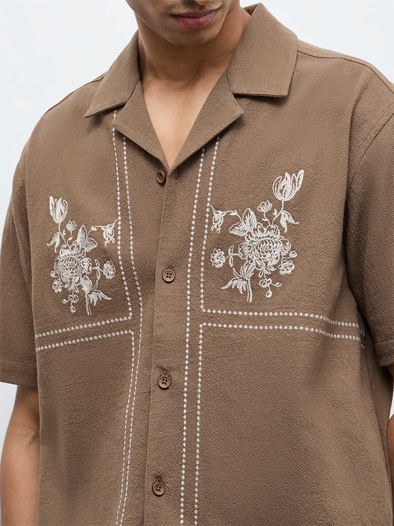 ETA Taupe Floral Embroidered Relaxed-Fit Cotton Shirt - Image 3