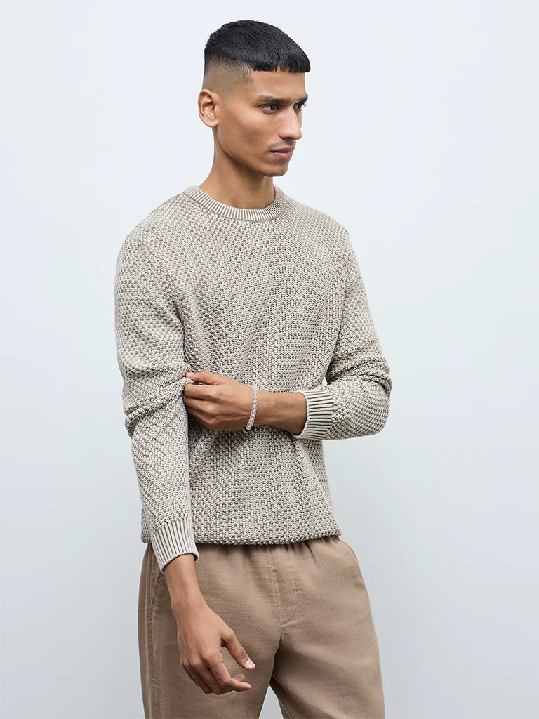 ETA Taupe Knitted-Textured Relaxed-Fit Cotton Sweater - Image 3
