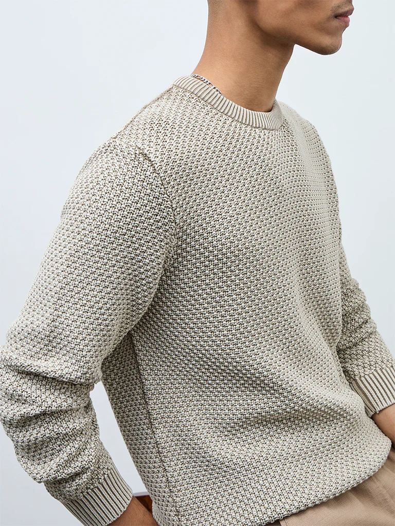 ETA Taupe Knitted-Textured Relaxed-Fit Cotton Sweater - Image 4