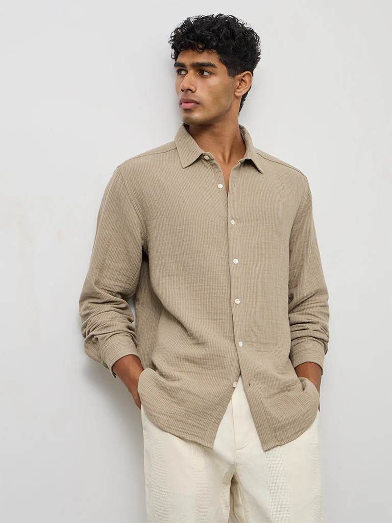ETA Taupe Striped Relaxed-Fit Cotton Shirt