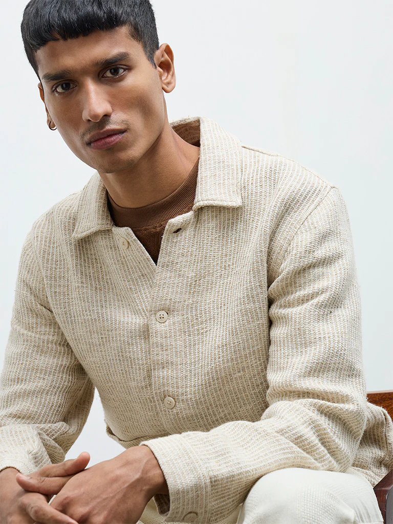 ETA Taupe Textured Relaxed-Fit Cotton-Blend Jacket - Image 3