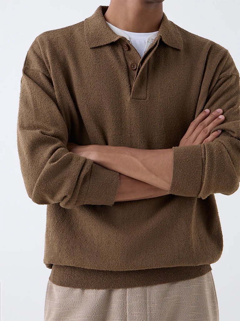 ETA Taupe Textured Relaxed-Fit Cotton-Blend Polo Sweater - Image 4