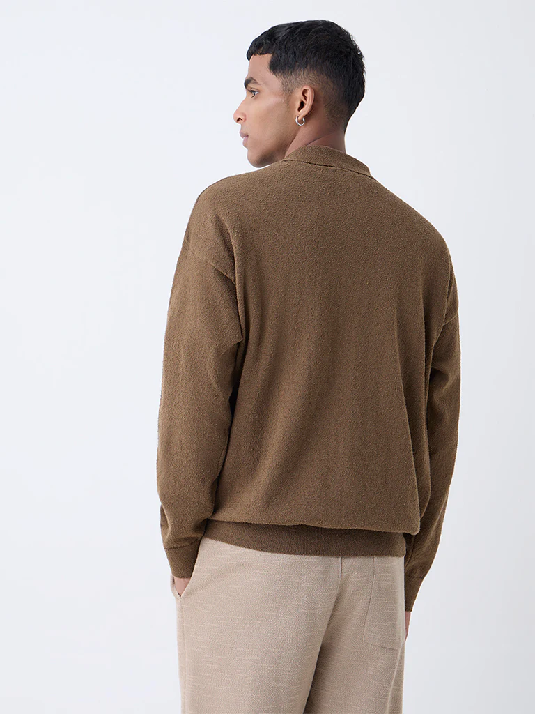 ETA Taupe Textured Relaxed-Fit Cotton-Blend Polo Sweater - Image 5