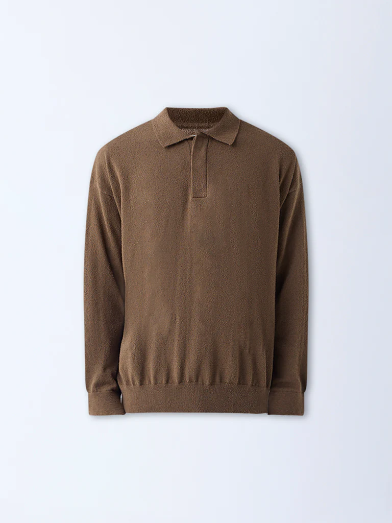 ETA Taupe Textured Relaxed-Fit Cotton-Blend Polo Sweater - Image 6