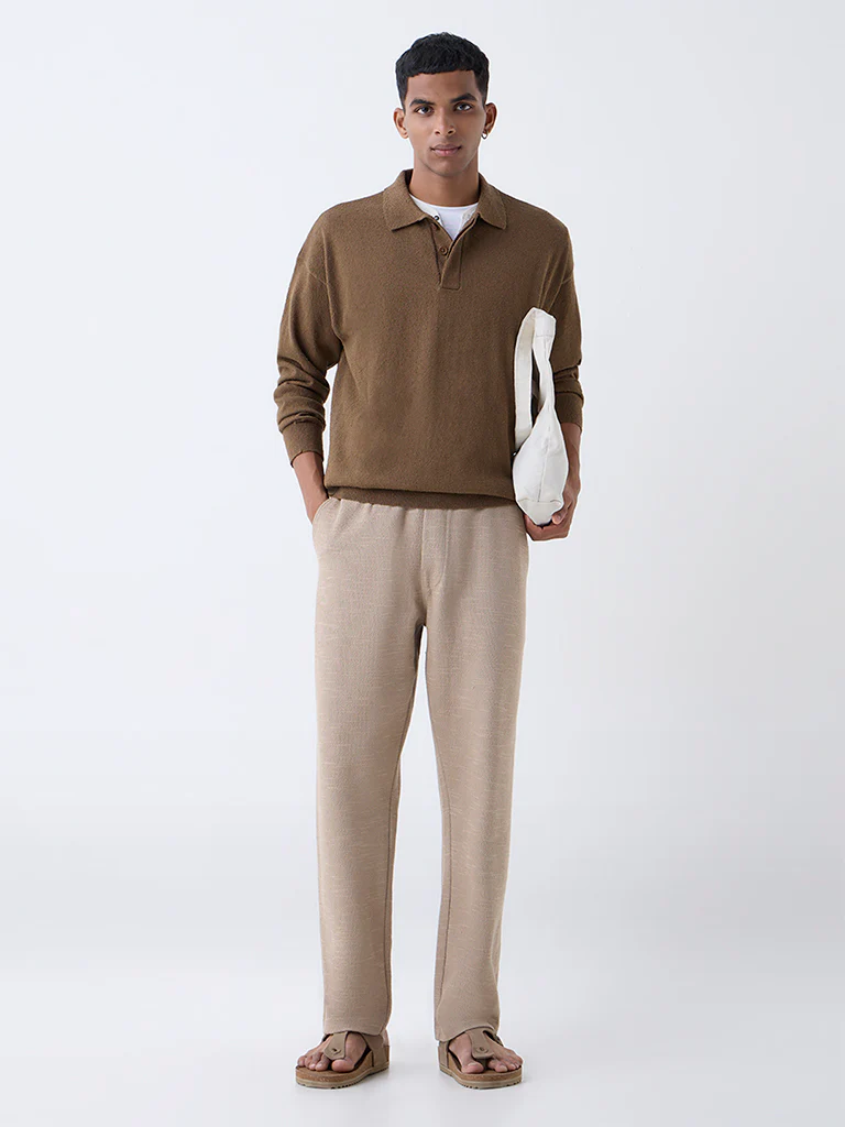 ETA Taupe Textured Relaxed-Fit Mid-Rise Cotton-Blend Pants
