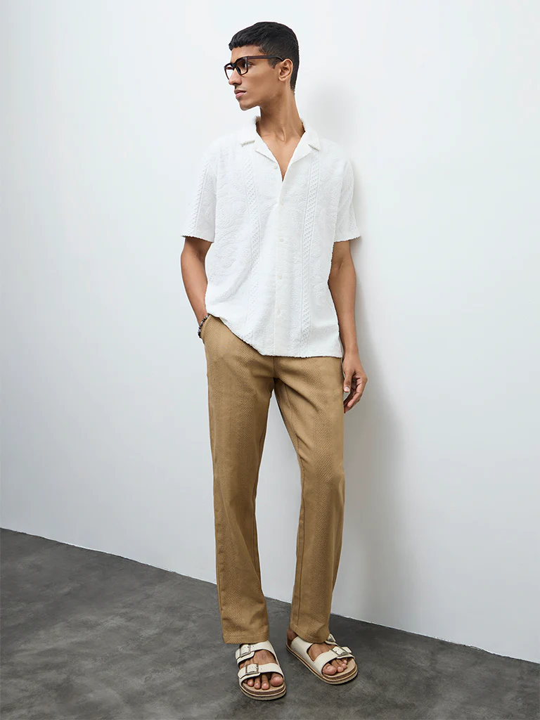 ETA Taupe Textured Relaxed-Fit Mid-Rise Cotton Chinos