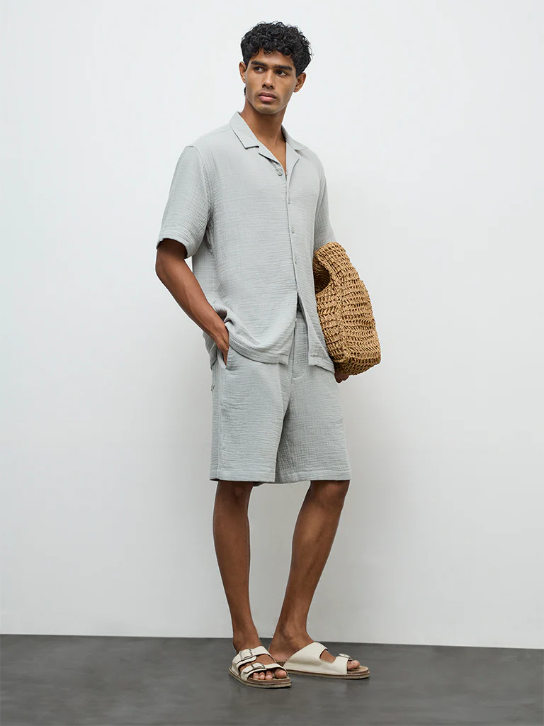 ETA Teal Crinkle-Textured Relaxed-Fit Cotton Shirt - Image 2