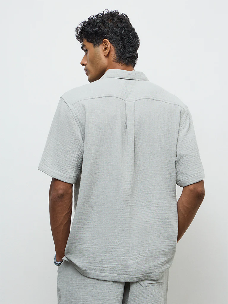 ETA Teal Crinkle-Textured Relaxed-Fit Cotton Shirt - Image 4
