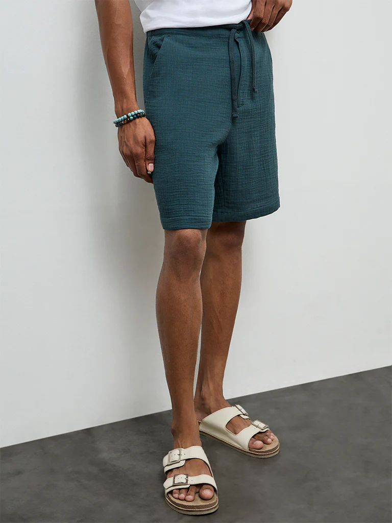ETA Teal Crinkle-Textured Relaxed-Fit Mid-Rise Cotton Shorts