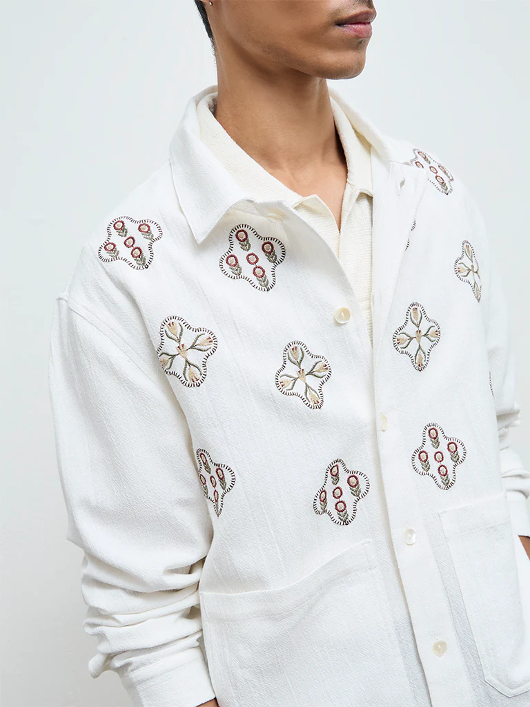 ETA White Botanical Embroidered Relaxed-Fit Cotton Shirt - Image 3
