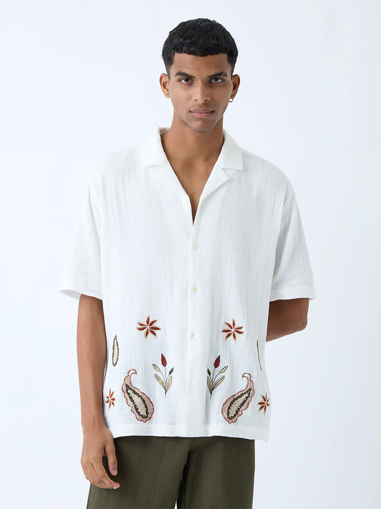 ETA White Floral Embroidered Relaxed-Fit Cotton Shirt
