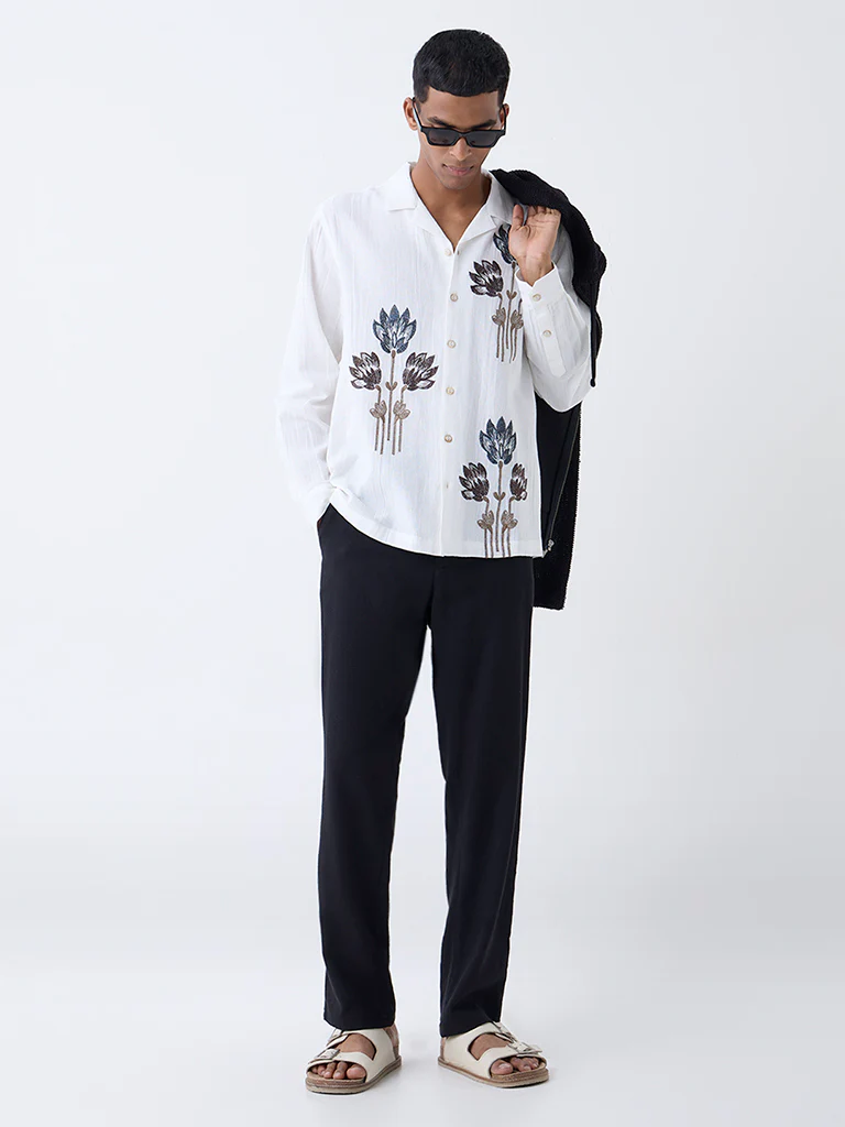 ETA White Floral Embroidered Relaxed-Fit Cotton Shirt - Image 2