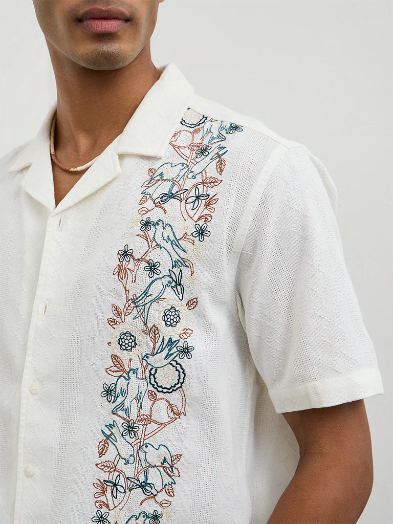 ETA White Floral-Embroidered Relaxed-Fit Cotton Shirt - Image 3