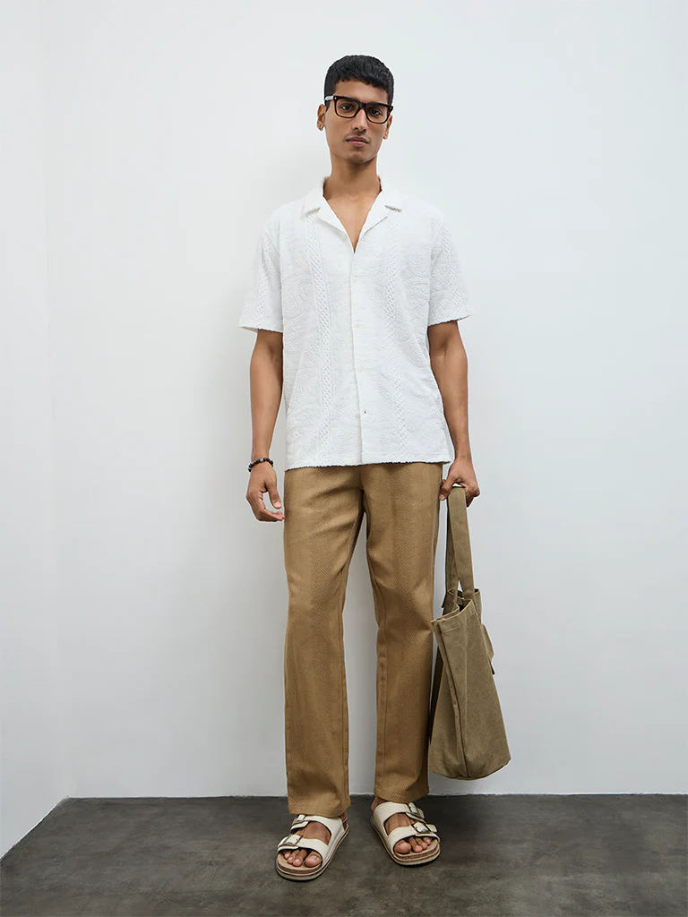ETA White Paisley Textured Relaxed-Fit Cotton-Blend Shirt - Image 3