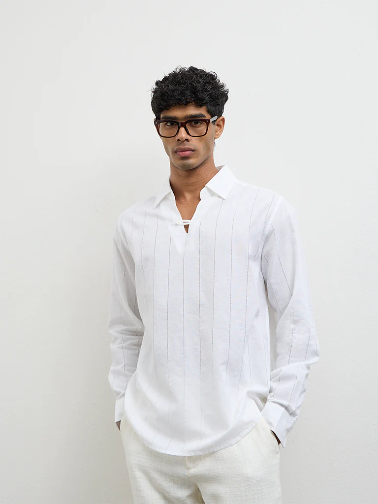 ETA White Self-Striped Relaxed-Fit Cotton-Blend Shirt