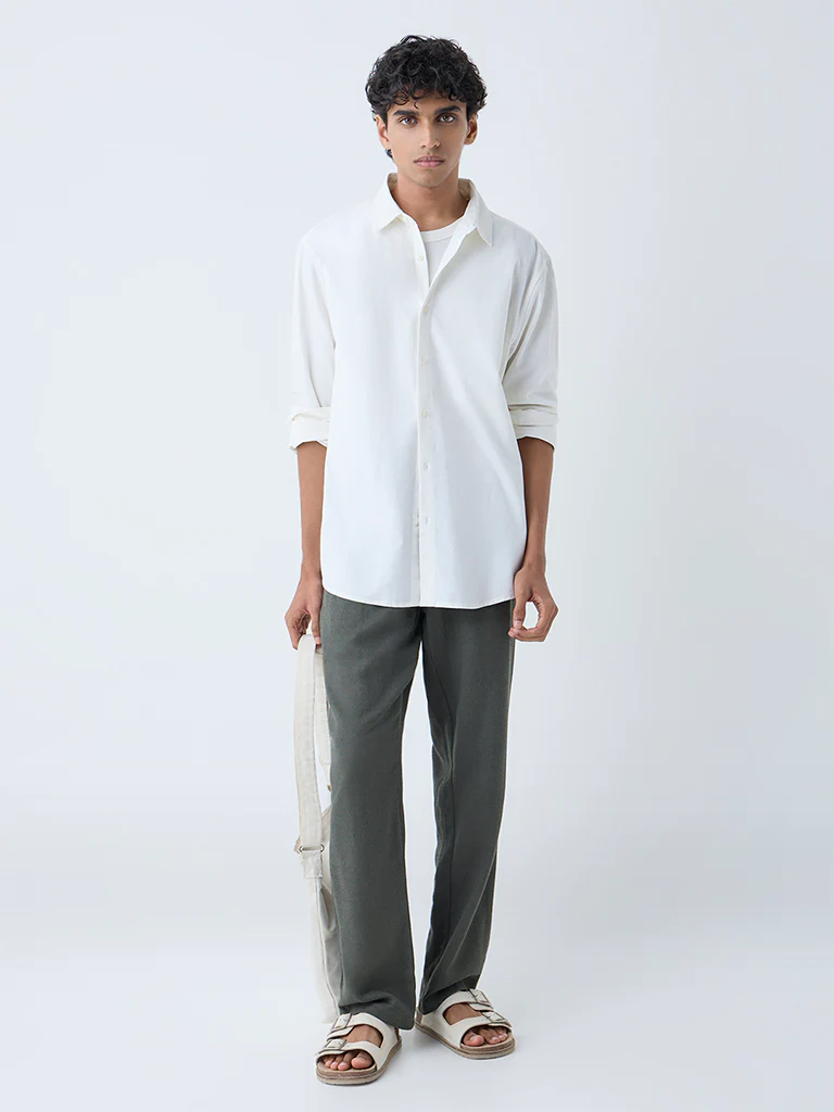 ETA White Solid Relaxed-Fit Cotton Shirt