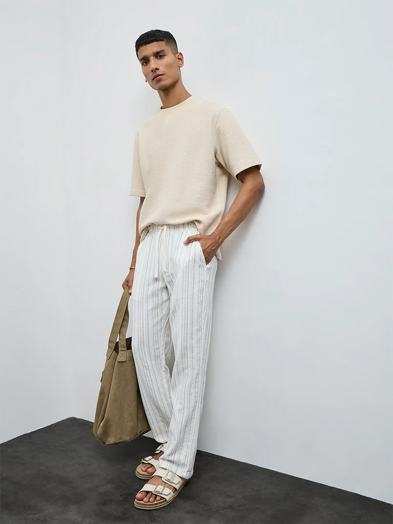 ETA White Striped Relaxed-Fit Mid-Rise Cotton Chinos