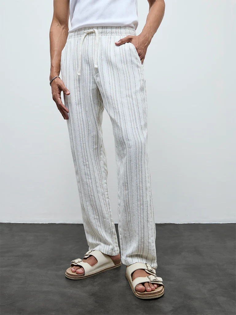 ETA White Striped Relaxed-Fit Mid-Rise Cotton Chinos - Image 2