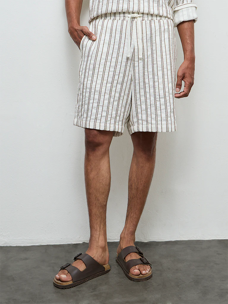 ETA White Striped Relaxed-Fit Mid-Rise Cotton Shorts