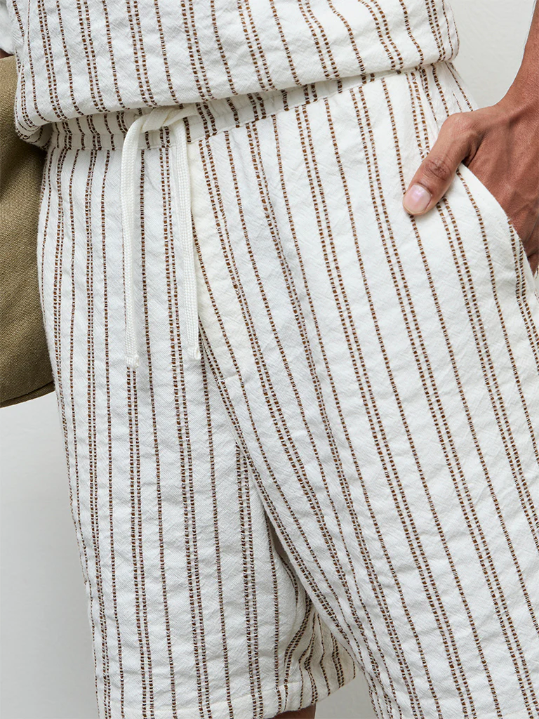 ETA White Striped Relaxed-Fit Mid-Rise Cotton Shorts - Image 3