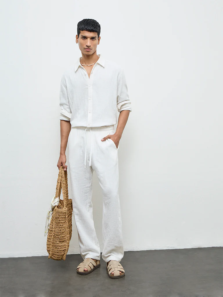 ETA White Textured Relaxed-Fit Mid-Rise Cotton Chinos