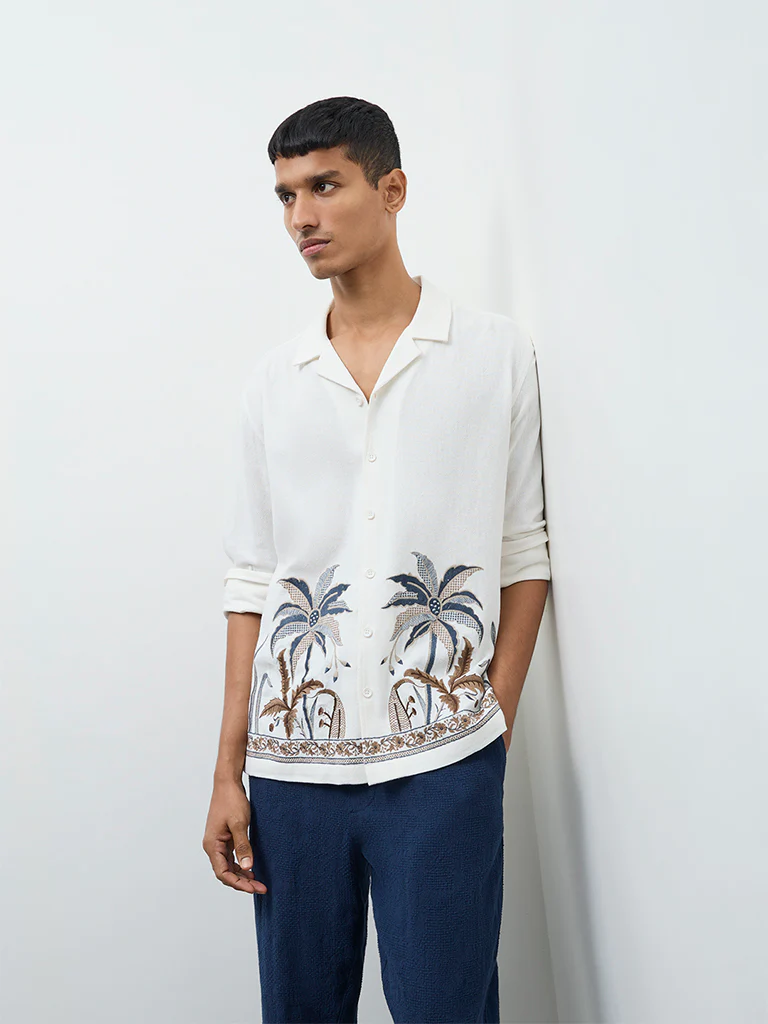 ETA White Tropical Embroidered Relaxed-Fit Cotton Shirt