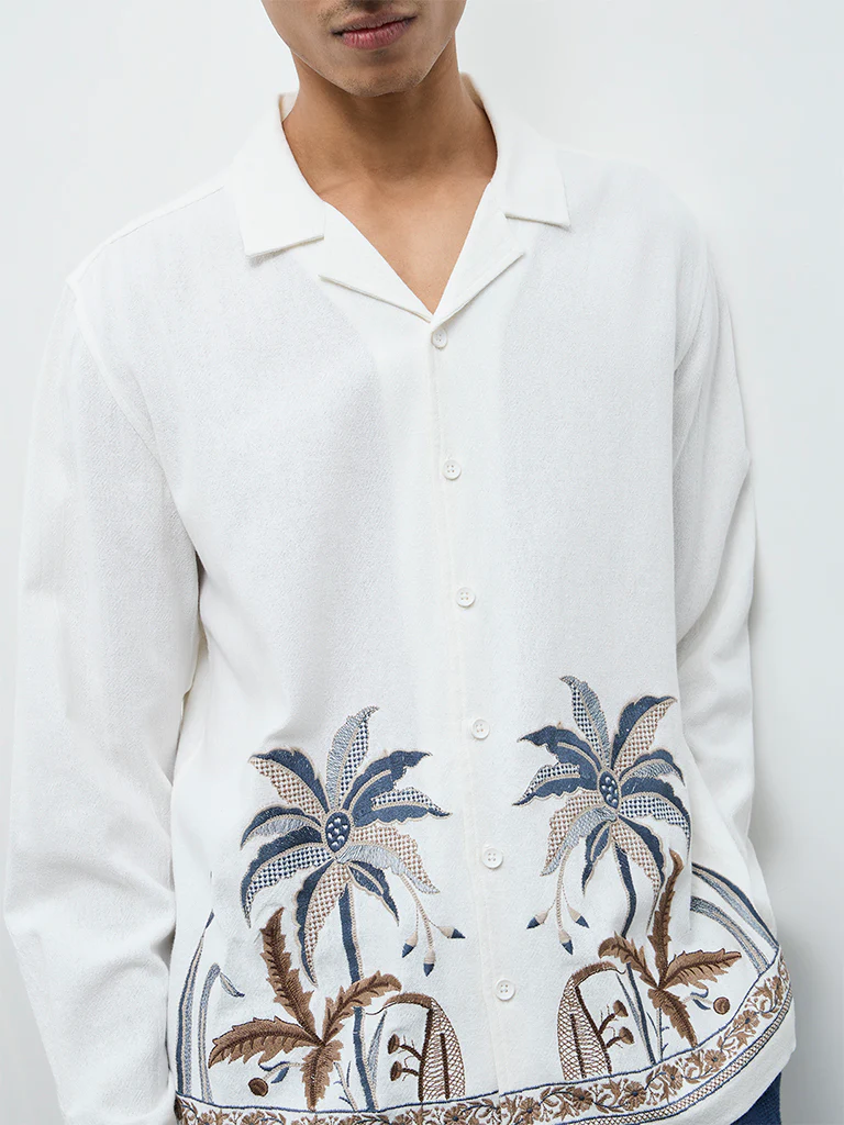ETA White Tropical Embroidered Relaxed-Fit Cotton Shirt - Image 3