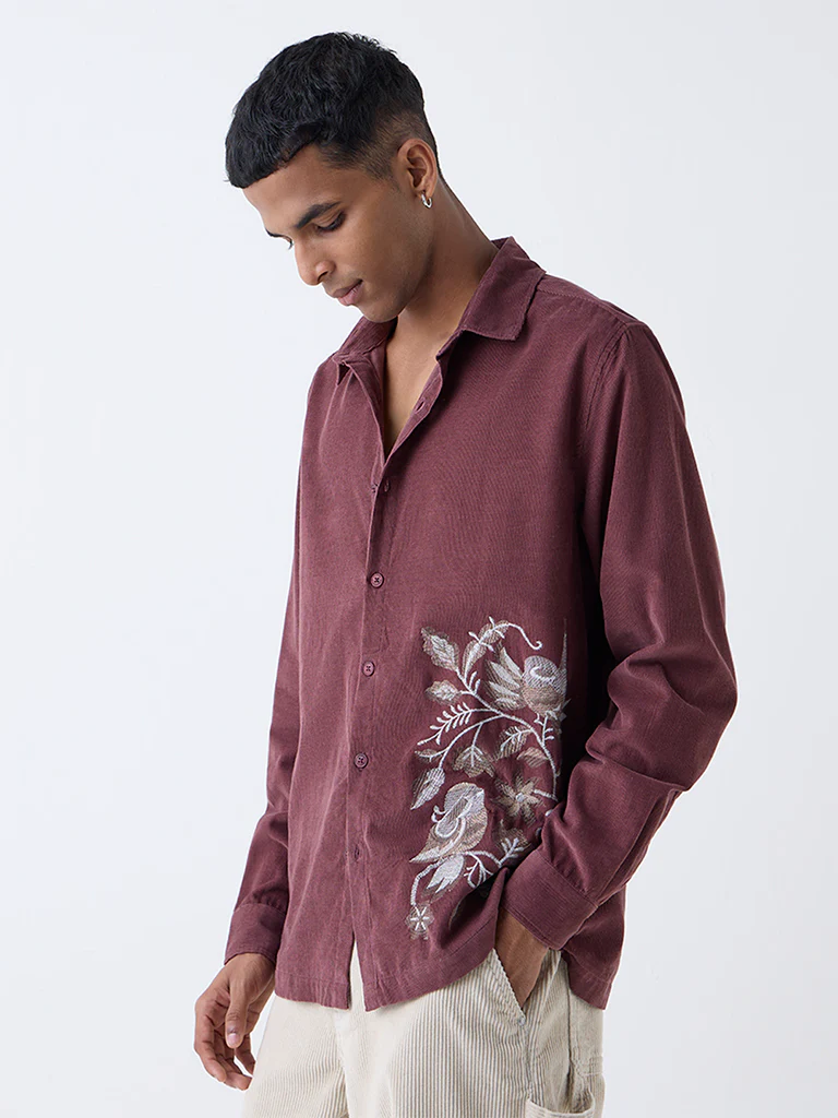 ETA Wine Embroidered Relaxed-Fit Corduroy Shirt - Image 2