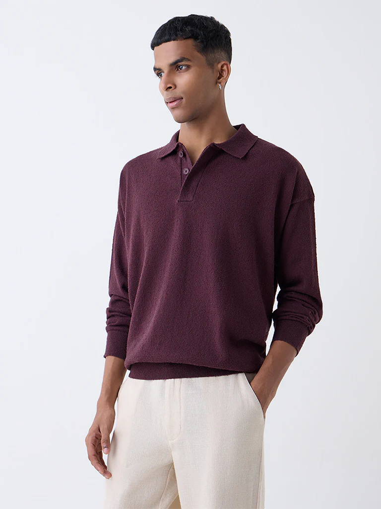 ETA Wine Knit Textured Relaxed-Fit Cotton-Blend Polo Sweater - Image 3