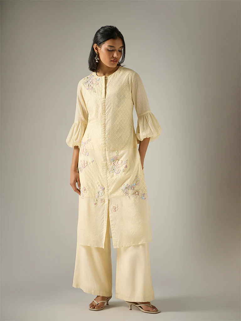 Floral Embroidered Kurta – Cream - Image 2