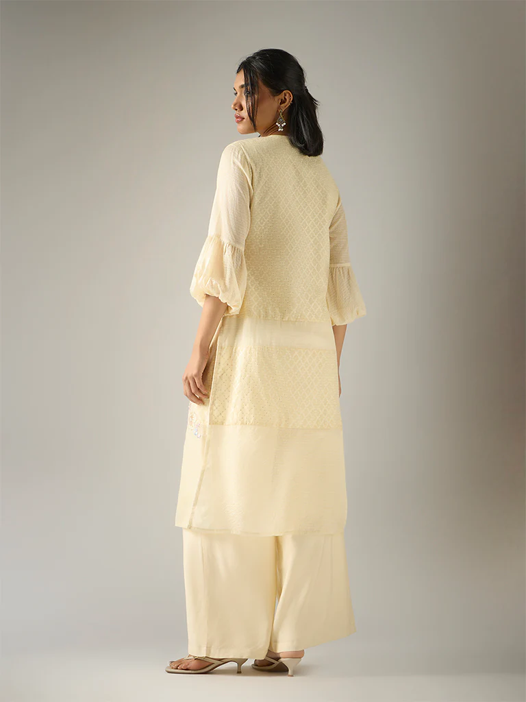 Floral Embroidered Kurta – Cream - Image 5