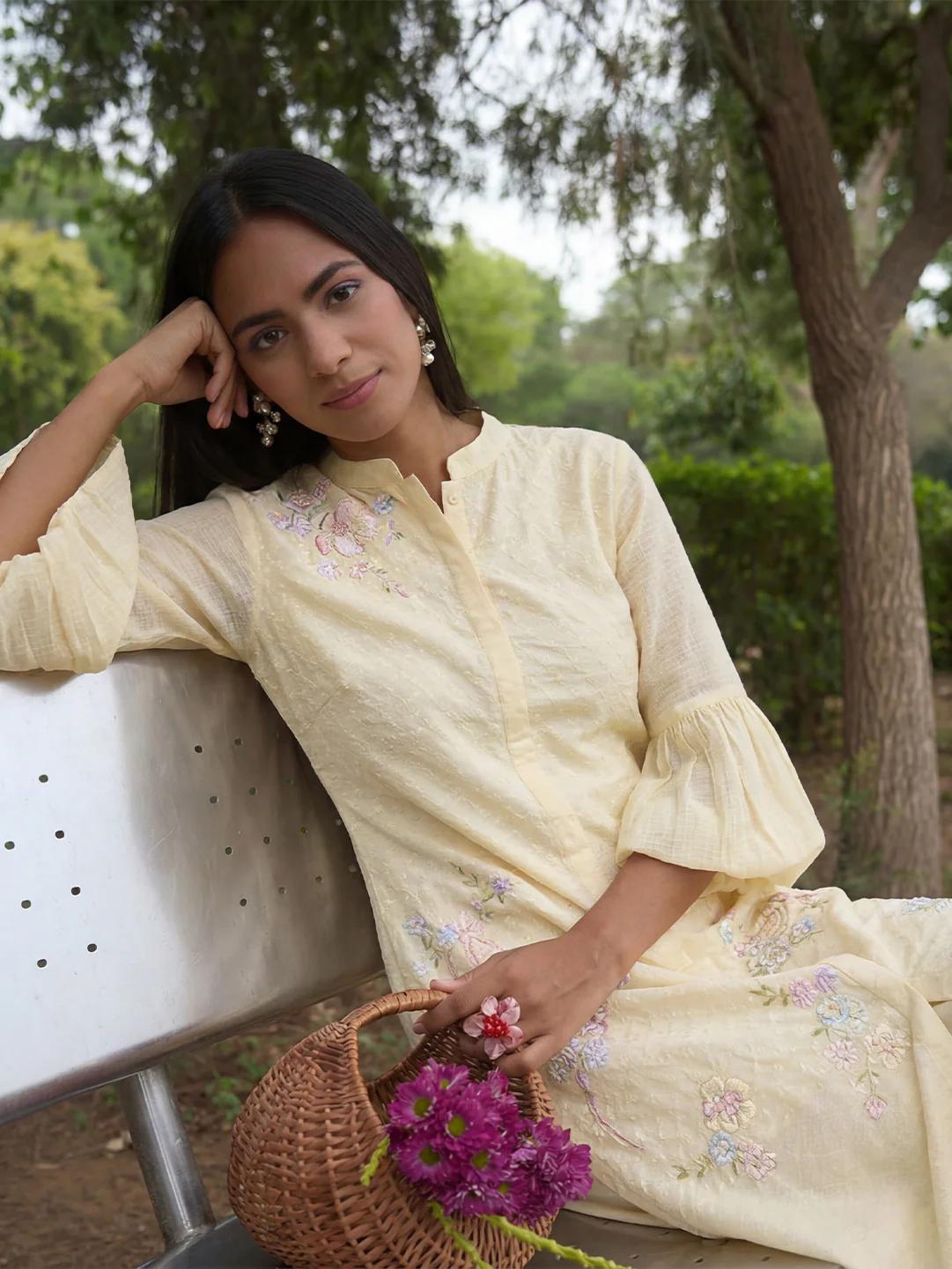 Floral Embroidered Kurta – Cream - Image 6